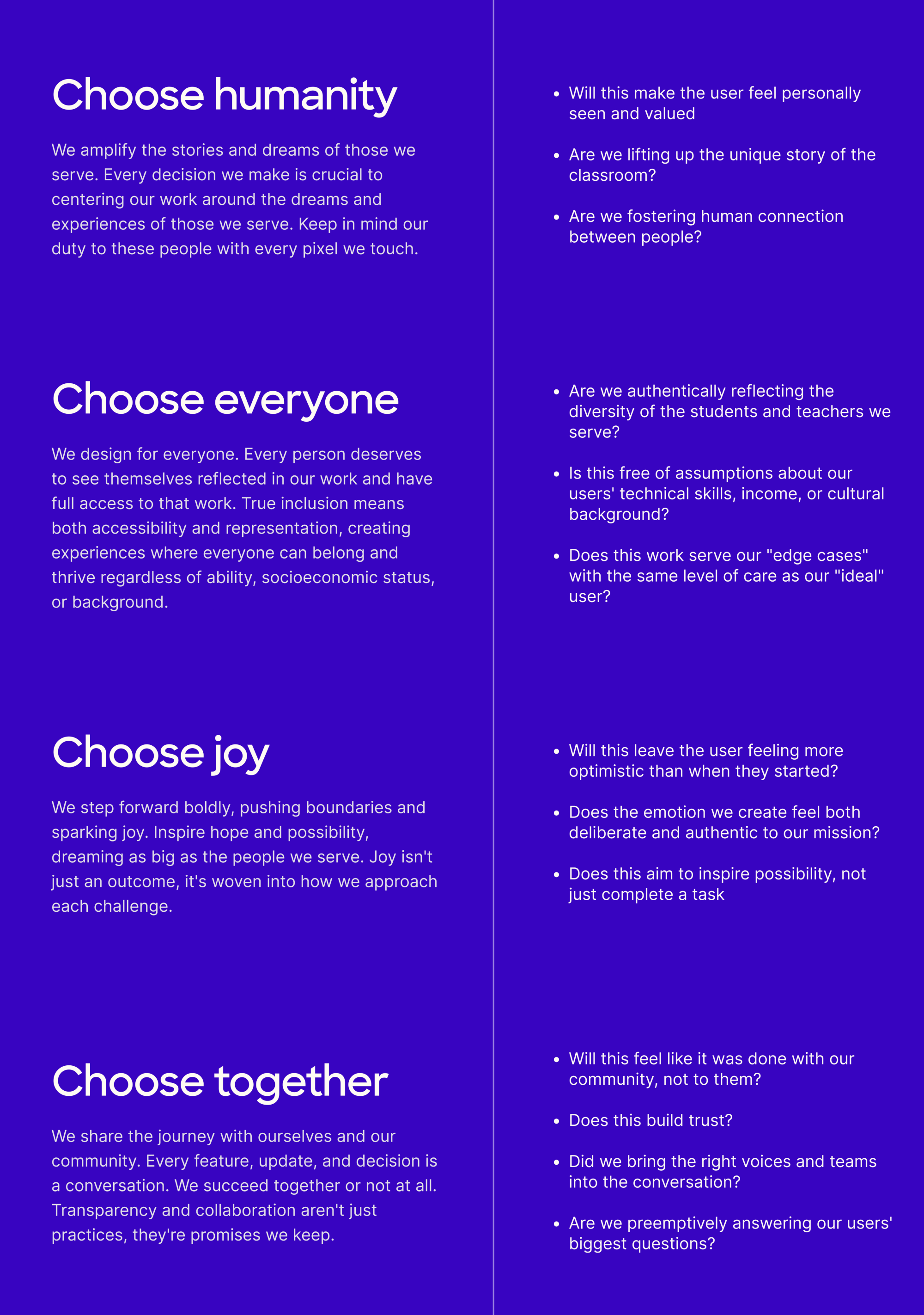 To keep the product and the brand consistent, I created a set of design principles so we approach every problem from the same foundation. Each one comes with the questions to ask before shipping, and together they keep reminding us why we are doing this and who we are doing it for.