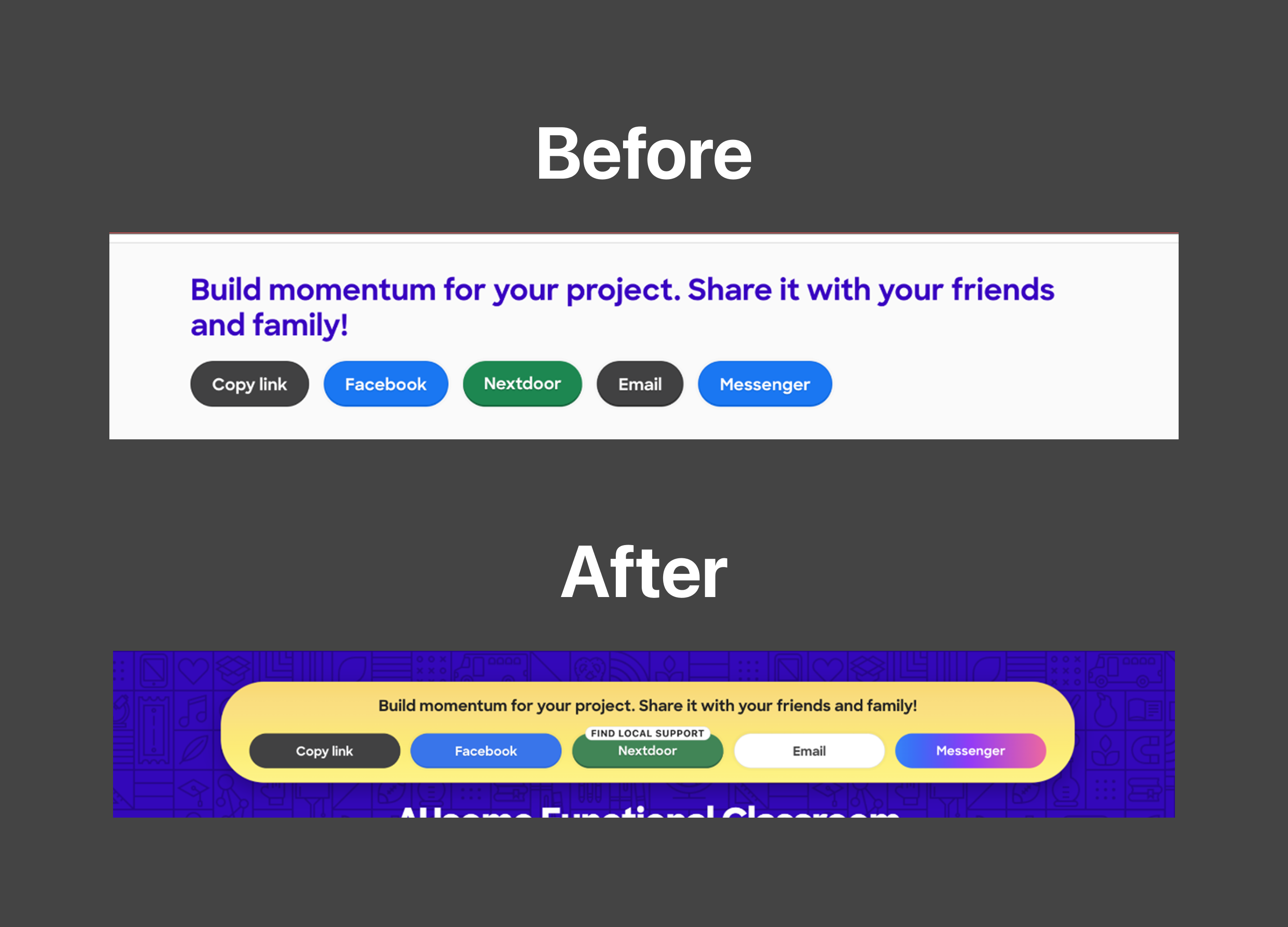 The new share bar is harder to miss and stays pinned to the top as the page scrolls. I called out Nextdoor specifically. Most teachers were not using it, but it reaches a whole local neighborhood instead of just the handful of people a teacher knows well enough to ask directly.