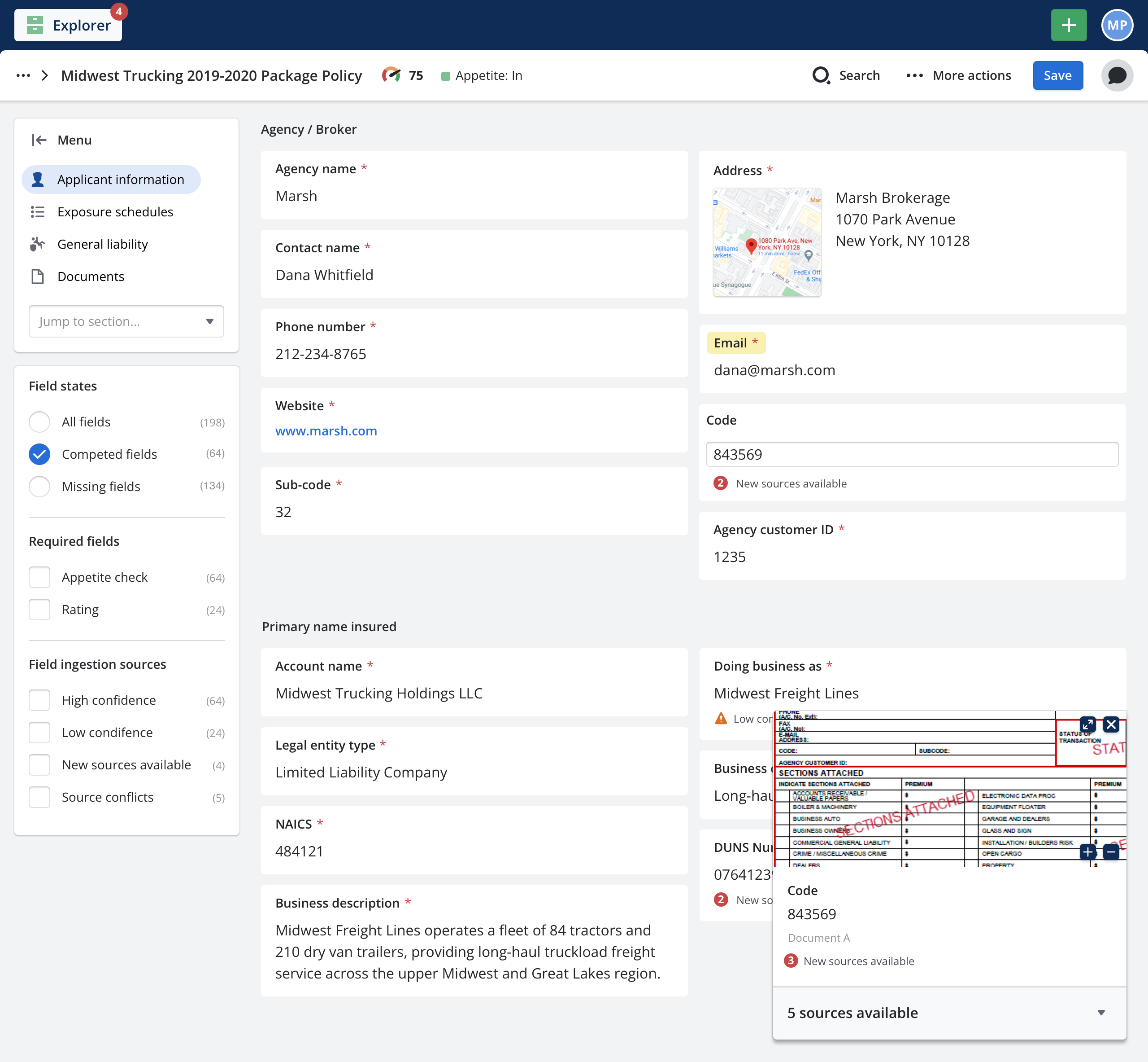 Each field opens a screenshot of the source document next to a confidence score, so an underwriter can check a value against the paperwork without leaving the application.